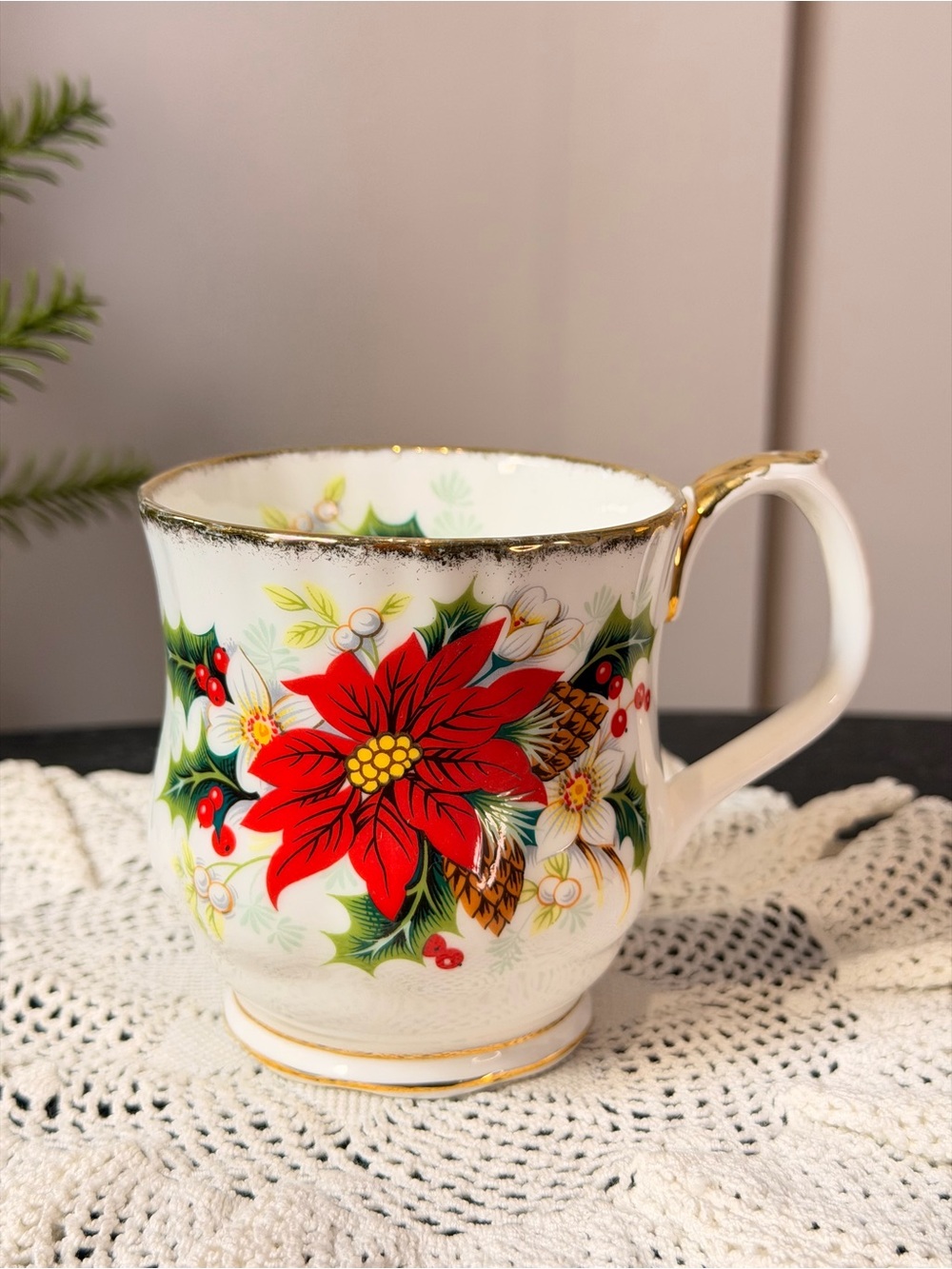 Royal Albert Poinsettia Mug, Vintage Christmas China, English Tea Coffee Gift